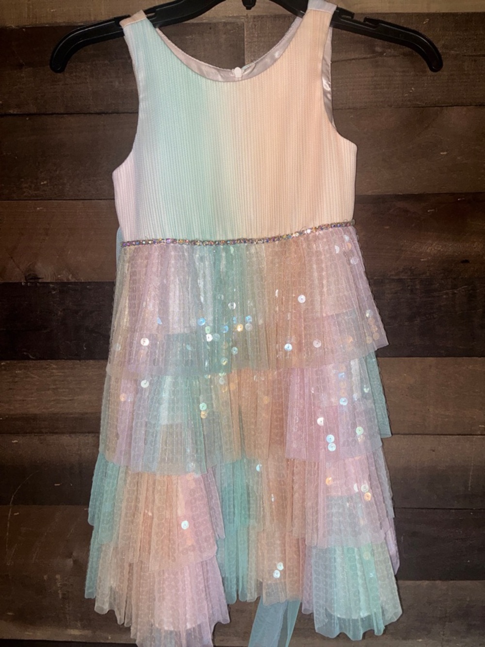 Girls' Pastel Rainbow Tiered Sequin Party Dress